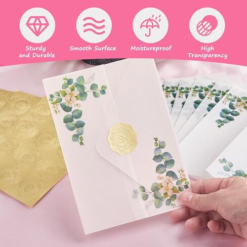 50 حزمة من السترات الرقيقة المطوية مسبقًا لدعوات 5 × 7، سترات شفافة من الورق الرقيق وبطانات مغلف ورقية مع نمط زهرة برية، ملصقات ذهبية لحفلات الزفاف وحفلات استقبال المولود الجديد وحفلات أعياد الميلاد in Kuwait