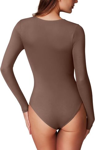 REORIA Womens Sexy Square Neck Double Lined Long Sleeve Bodysuit Tops Jumpsuits in Kuwait