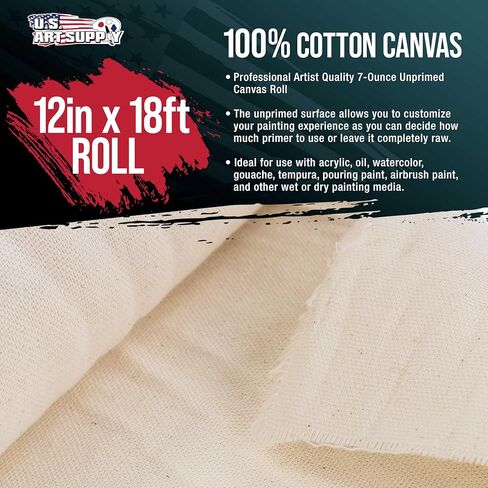 U.S. Art Supply 7-Ounce Unprimed 12" Wide x 2 Yards (6 Feet) Long Unstretched Canvas Roll - 100% Cotton, Woven, Acid-Free - Oil & Acrylic Painting, Murals, Backdrop - Cut to Stretcher Bar Frame Size in Kuwait