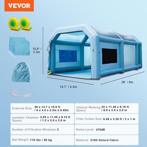 VEVOR 26x15x11ft Inflatable Paint Booth, Inflatable Spray Booth, High Powerful 750W+950W Blowers Spray Booth Tent, Car Paint Tent Air Filter System for Car Parking Tent Workstation Motorcycle Garage in Saudi Arabia
