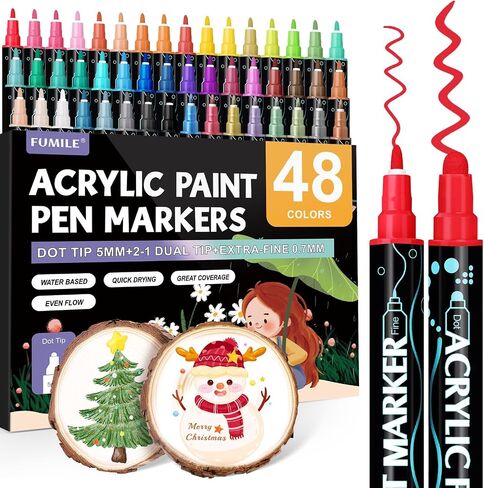 FUMILE 48 Colors Acrylic Paint Markers Dual Tip(Fine and Dot Tip), Paint Pens Acrylic Markers for Wood, Rock, Plastic, Glass, Ceramic, Canvas.Acrylic Paint Markers Set for DIY Christmas Card and Art in Saudi Arabia