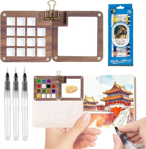 Mini Portable Watercolor Palette Set 7PCS Travel Wooden Watercolor Kit with 3 Brushes, 12 Colors, Wooden Color Palette Box, Clip & Painting Book, Watercolor Paint Set for Beginners & Professional in Saudi Arabia