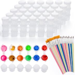 60 Pcs Paint Pot with Lid & 20 Pcs Paint Brushes, 0.3oz Empty Paint Containers with Lids, Paint Pods Cup Pots, Arts Crafts Supplies for Kids Classrooms Schools Art and Crafts Painting 10 Strips
