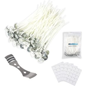 TheAmbrella Candle Wicks 100Pcs- 6inch Long Pre-Waxed Wicks with Wick Stickers & 3-Hole Wick Centering Tool - Low Smoke & Longer Burning Time - Perfect for DIY Candles