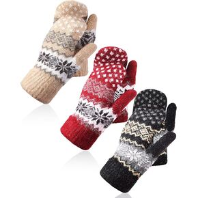 Vicenpal 3 Pairs Women's Winter Gloves Warm Lining Mittens Knit Thick Wool Gloves Knit Mittens for Winter Cold Weather