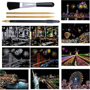 Yolev 8 Sheets Scratch Painting Scratch Art Rainbow Paper Sketch Pads Card Landscape Scratchboard for Adults A4 Craft Art Kits with 4 Tools