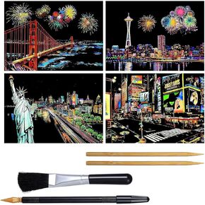 Yolev 4 Sheets Scratch Art Adult Scratch Painting Rainbow Paper Sketch Pads Card Night View Landscape Scratchboard(A4) Scratch Cards with Scratch Art Tools Creative DIY Art Craft