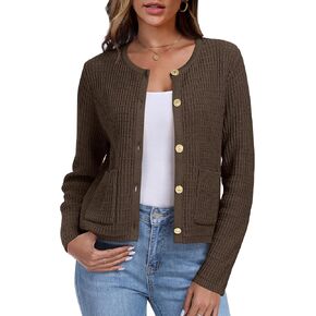 ANRABESS Women Casual Dressy Classic Cardigan Sweater 2024 Fall Long Sleeve Crew Neck Button Down Tweed Knit Jackets