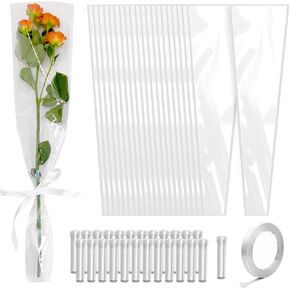 Bayurht 101 Pcs Single Rose Sleeve with Floral Water Tubes 50 Sets Single Flower Packaging Bags Single Flower Sleeve with Ribbons and Floral Water Tubes for Bouquets Wrapping (Transparent)