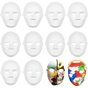 Szsrcywd 12 Pcs DIY Full Face Masks,White Paper Mache Masks,Blank Paintable Mask for Masquerade Parties,Halloween,Art,2 Sizes with 12 Elastic Straps for Women Men