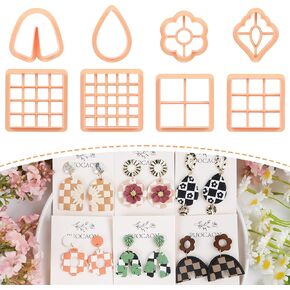 Puocaon Checkerboard Polymer Clay Cutters - 8 Pcs Clay Cutters for Polymer Clay Jewelry, Squares Polymer Clay Earring Cutters, Flower Drop Shape Clay Cutters for Earrings, Polymer Clay Cutters Tools