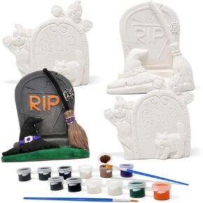 Gift Boutique Ceramic Halloween Tombstone Figurines Paint Craft Kit Set of 4 Unpainted Plaster Keepsake Gravestones Table Decor Kids Project Spooky Holiday Party