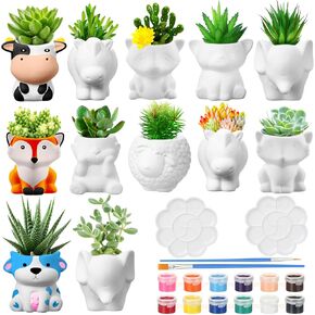 Hushee 12 Sets DIY Ceramic Succulent Pots Paintable Animal Ceramic Planters Ready to Paint Plant Pots Unpainted Flower Pots Bulk with Drainage Hole Bisque Ceramics Paint for Kids Adults Craft