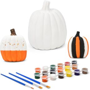 Thanksgiving Ceramic Pumpkins Figurines Paint Craft Kit Set of 3 Unpainted Ceramics Harvest Pumpkin Table Top Decor for Kids Art Project Fall Halloween Party Favor Decoration Paint & Brushes Included