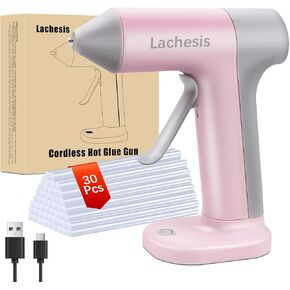 Lachesis Cordless Hot Glue Gun with 30 Pcs Glue Sticks, 2000mAh Rechargeable Battery Fast Preheating Smart Power-off Wireless Hot Melt Glue Gun Kit for DIY, Arts & Craft, Decor, Home Repairs(Pink)