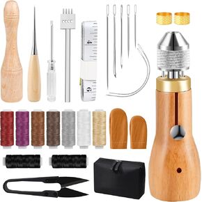 Hicdaw 28PCS Sewing Awl Kit Awl Tool Sewing with Needles, Waxed Thread, Needle Threaders, Tape Measure, Beech Mallet for DIY Leather and Sewing Tool Set