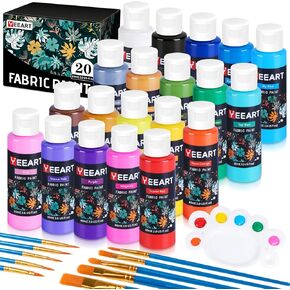 Fabric Paint, Yeeart 20 Colors Permanent Soft Fabric Paint Set for Clothes in Bottles (60ml/2oz) with 10 Brushes, Palette, Non-Toxic Textile Paint Art Supplies for Clothes, Canvas, T-Shirts, Jeans, Bags & Art Crafts