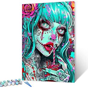 Beautiful Colorful Girl Drink Paint by Numbers Kits for Adults Sugar Skull Girl DIY Canvas Oil Painting Acrylic Pigment Kits Paint by Number Horror Style Home Wall Art Decor Gift 16x20In (Frameless)