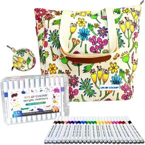Life of Colour Doodle Bag with Wildflower Patterns – Enjoy Our DIY Tote Bag Craft Kits for Adults, Includes Canvas Tote & 24 Acrylic Markers – DIY Painting & Art Kit for Women