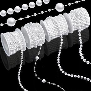 4 Rolls 76 Feet Pearls String Garland, Faux Pearl Beads Roll Strand for Crafts, Artificial Pearls Chain Trim for Wedding Party Flower Valentine Christmas Decoration, 4mm 6mm 8mm 8+3mm, Ivory