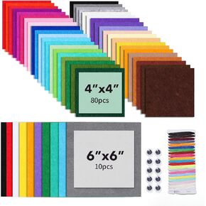 90PCS Felt Fabric Sheets Craft Kit - 4"x 4" + 6"x 6" Assorted Colors - 1mm Thick Square Nonwoven Felt Fabric for Crafts DIY