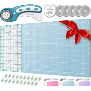 Rotary Cutter Set pink - Quilting Kit incl. 45mm Fabric Cutter, 5 Replacement Blades, A3 Cutting Mat, Acrylic Ruler and Craft Clips - Ideal for Crafting, Sewing, Patchworking, Crochet & Knitting x