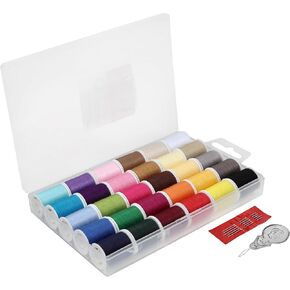 SINGER Polyester Sewing Thread Set - 30 Assorted Colors, 50 Yards per Mini Thread Spool, Sewing Kit Includes 5 Large Eye Hand Needles, 1 Needle Threader, Suitable for Hand and Machine Sewing