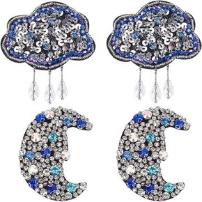 4pcs Beaded Moon Patch Sequin Cloud Patch 2 Styles Crystal Moon Patch Appliques Rhinestone Moon Patch Sew on Moon Embroidered Patches for DIY Jeans Jackets Shirt Handbag Shoes