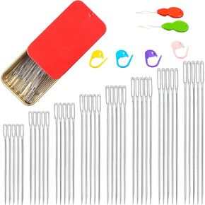 40PCS Large Eye Sewing Needles, 8 Sizes Hand Sewing Sharp Needles, Embroidery Needle, Leather Needle,Stainless Steel Yarn Needles with Threaders & Stitch Markers (Silver)
