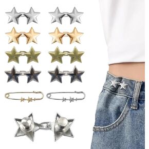 10 Set Pant Waist Tightener Star Buttons Pins for Loose Jeans Reusable Waist Cincher Clip Metal Star Brooch for Clothing Dresses Skirts No Sewing Decoration Accessories