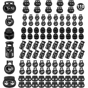 110pcs Upgraded Plastic Cord Lock,cord locks for drawstrings, draw string clip, spring toggle stopper fastener for Paracord, Clothing, shoelaces and bags(6 Sizes, Black)
