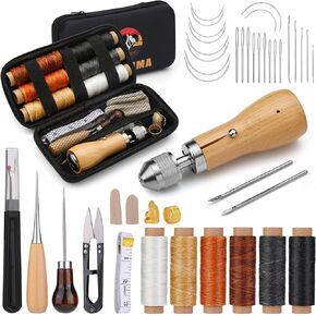 QMNNMA 40pcs Sewing Awl Kit with Bag, Portable Awl Tool Stitching with Instructions, Leather Sewing Waxed Thread Kit for DIY Leather Sewing Repair Craft