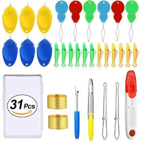 31 Pcs Needle Threaders for Hand Sewing, Fits All Needle Sizes,Include Gourd Shaped Sewing Needle Threader/Fish Type Easy Threader/Thumb Shaped Threaders/Seam Rippers/SewingTweezers/Scissor/Thimble