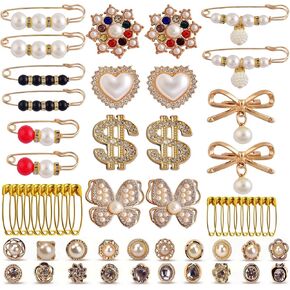 Charms for Socks Safety Pins 54pcs Brooches and Pins for Women Gold Junk Sock Charms Pins Jewelry Accessories Bulk Rhinestone Pearl Brooch Pins Button Pins for Women Clothes Hats Shoes Scarf Shawl