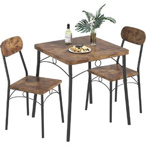 VECELO 3 Piece Small Dining Table Set for 2, Metal and Wood Square Kitchen Dinette for Breakfast Nook, Dining Room, Apartment, Saving Space, Brown