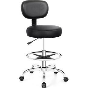 Drafting Chair with Backrest – Adjustable Foot Rest Rolling Stool with Wheels, PU Leather Swivel Stool for Office Spa Studio Lab Counter Salon Home Work Bar Kitchen Shop(White)