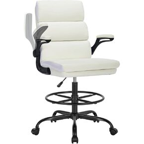 Drafting Chair Tall Office Chair with Padded Flip-up Armrests Executive Ergonomic Computer Standing Desk Chair with Comfortable Leather Backrest and Adjustable Footrest Ring (Gray)