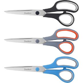 Scissors, Dushco 8.5 Inch Multipurpose Scissors Bulk Set of 3 Pack, Ultra Durable and Sharp 2.5mm Thick Scissors for Office Home School Sewing Fabric Craft Supplies, Soft Comfort-Grip Right/Left Hand