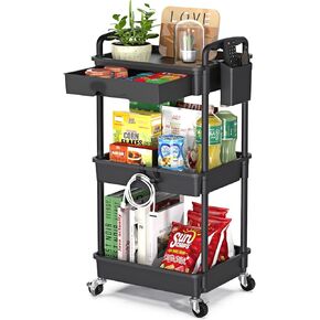 Rolling Utility Cart with Drawer 3 Tier, Utility Storage Organizer with Plastic Shelf & Lockable Wheels Multifunctional Storage Cart for Kitchen, Bathroom, Office, Living Room, White
