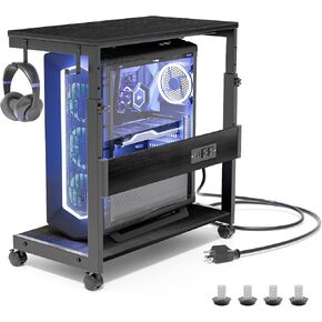 Height Adjustable Computer Tower Stand with Charge Station and USB Charging Port, 2-Tier ATX-Case Cart, Under Desk Mobile PC Stand, CPU Holder Cart with Locking Caster Wheels for Fits Most PC (Black)