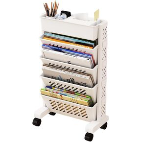 5 Tier Book Rack Storage Bookshelf Rolling Utility Cart Multi Casters for Study Office Kitchen Classroom