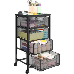 Metal Art and Craft Storage Organization Cart 4-Drawers Utility Rolling Carts With Lockable Wheels&Wooden Tabletop Art-Craft Supplies For Classroom,Office,Make-up,Kitchen,Bedroom,14"L x 11"W x 27.55"H