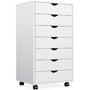 DUMOS 7 Drawer File Cabinet Wood Rolling Organizer Storage Chest with Wheels Mobile Printer Stand for Home Office, White