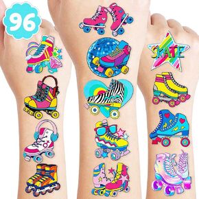 8 Sheets (96PCS) Roller Skate Temporary Tattoos 80s 90s Theme Birthday Party Decorations Supplies Favors Stickers For Kids Girls Boys Gifts Classroom School Prizes Rewards