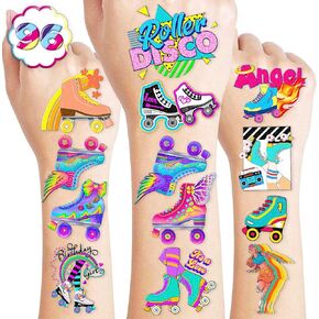 8 Sheets (96PCS) Roller Skate Temporary Tattoos 80s 90s Theme Birthday Party Decorations Supplies Favors Stickers For Kids Girls Boys Gifts Classroom School Prizes Rewards