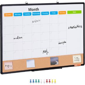 VEVOR 36"x 24" Monthly Calendar Whiteboard & Cork Board Combo with Aluminum Frame – 2-in-1 Magnetic Dry Erase Bulletin Board for Wall Mount – Ideal for School, Home, Office