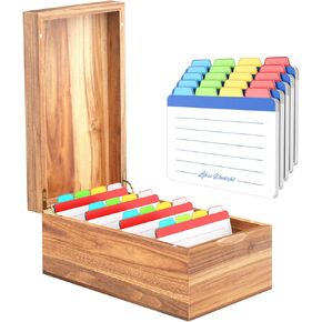 Neando 4’’x6’’ Index Card Holder, Acacia Index Card Box, Index Card Organizer Case, Wood Recipe Box with Dividers, 4 Compartments for 600 Cards, File Note Flash Card Holders