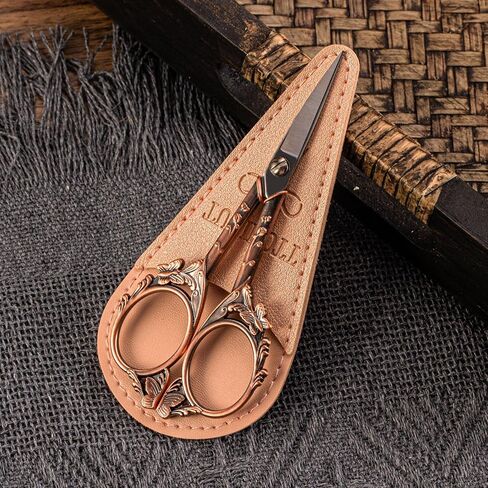 Vintage Stainless Steel Scissors - Small Sewing & Crochet Scissors for Needlework Craft & Art Work - Manual Handicraft DIY Tool with PU Leather Sheath (Copper) in Saudi Arabia