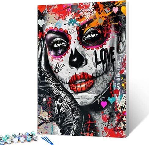 Beautiful Colorful Girl Drink Paint by Numbers Kits for Adults Sugar Skull Girl DIY Canvas Oil Painting Acrylic Pigment Kits Paint by Number Horror Style Home Wall Art Decor Gift 16x20In (Frameless) in Kuwait
