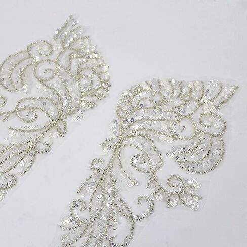 One Pair 3D Beaded Embroidery Sequin Lace Applique Sew On Flower Fabric Collar Patch for Wedding Gown Dress Bridal DIY Crafts(White) in Saudi Arabia